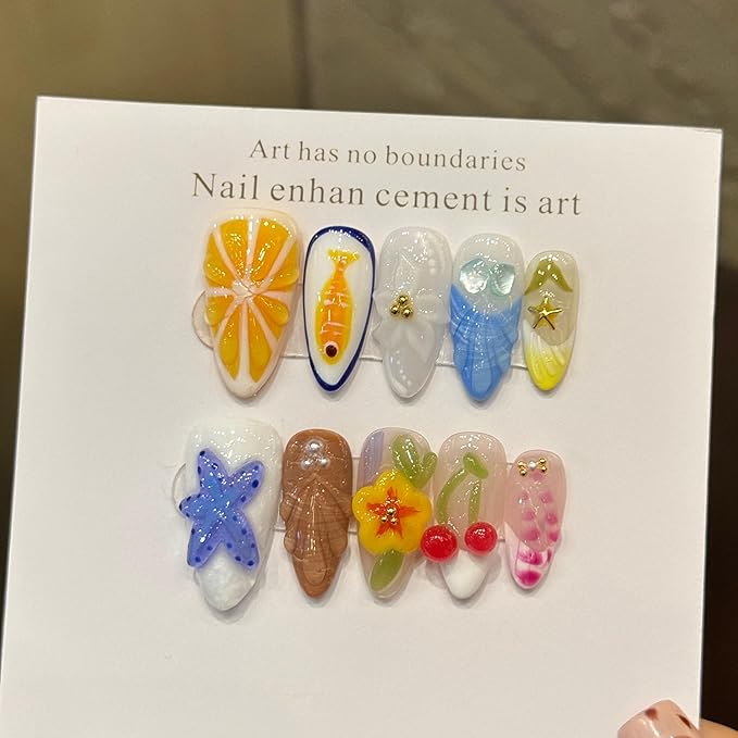 3D handmade Gel nails press on false nails Almond hand-painted gentle fish starfish flower orange cherry pearl acrylic Reusable fake nails designed kit,10 Nails, Size S #2914