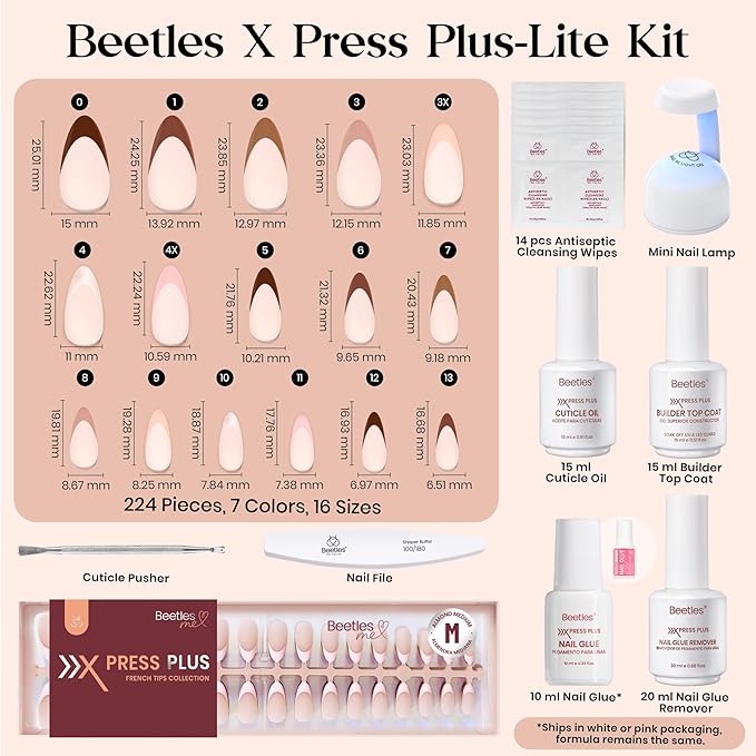 Beetles Press On Nails Kit - Cappuccino Mousse French | 7 Colors Medium Almond French Tip Press On Nails | 224Pcs 16 Sizes All-in-One Kit With Nail Glue,Remover,Builder Top Coat,Nail Lamp