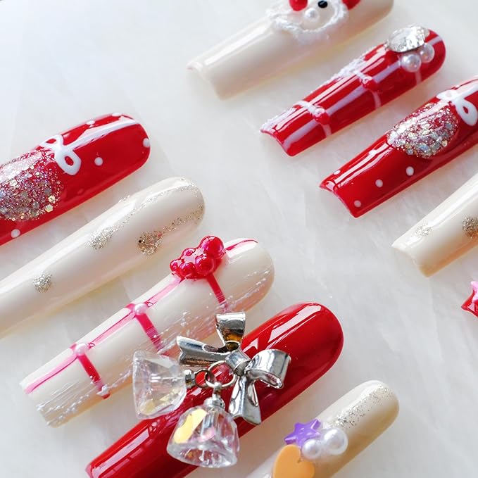 Christmas Press-On Nails, Long Coffin Shape, Red and White Holiday Design with Snowman and Bows, 10 Pieces (Large, LS)