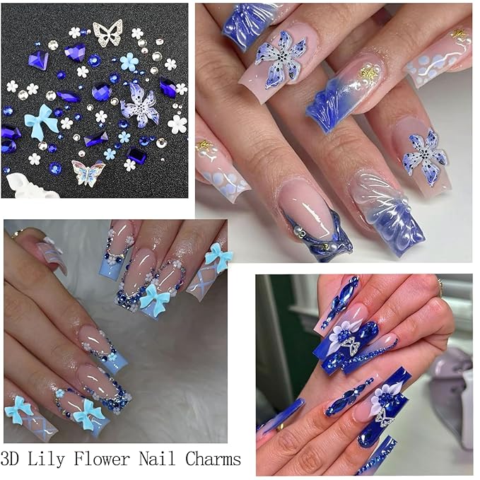 4 Boxes Blue Nail Gems Bow Flower Nail Charms for Acrylics - Irregular Crystals, Nails Rhinestone & Accessories for Women Nails Art Design Nails Decor(Blue)
