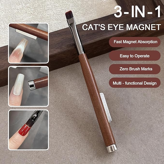 WOKOTO 3 in 1 Acrylic Nail Brush Cat Eye Magnet For Nails, Brown Wood Penholder Nail Art Brushes For Cat Eye Gel Polish Magnet Pen Tools, Nail Magnet & Round Brushes For Nail Art Cat Eye Magnet