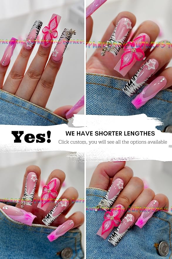 10PCS Pink Zebra Print Press On Nails – Long Coffin Fake Nails with Rhinestones, 3D Bows & Star Charms, Glossy Reusable Y2K Nails for Women and Girls – Euphrosyne