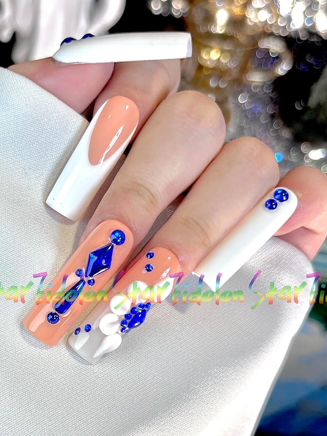 HAND-PAINTED Short Square Press on Nails Medium Length Stick on Nails Shoot Nail Art Press on Nail Kit with 7g Nail Glue on Nails Coffin False Nail Set Best Fake Nail Handmade (Medium, Style 2)