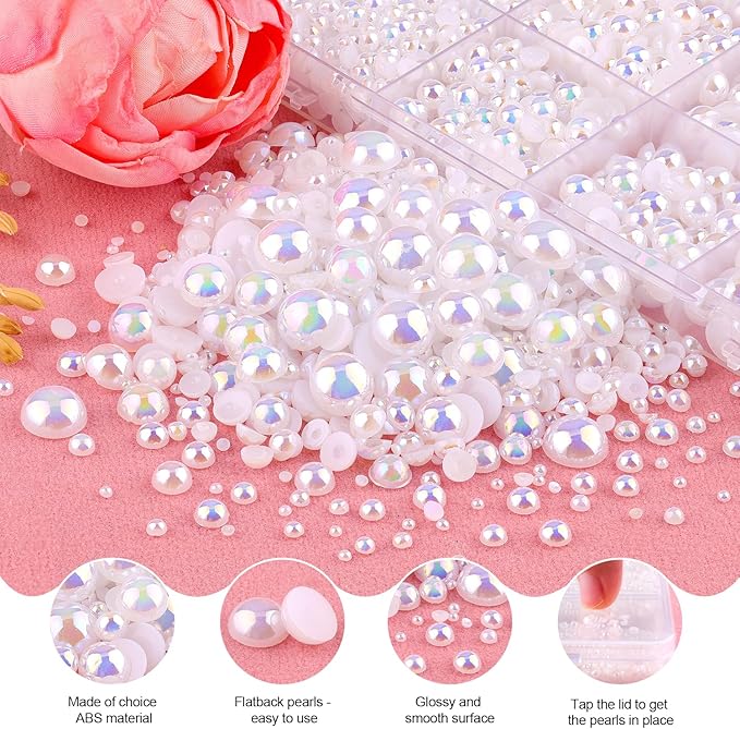 13000Pcs Flatback Pearls for Crafting (White AB), Assorted Size 2/3/4/5/6/8/10mm Non Hotfix Half Pearl, Bedazzling Bead for DIY Crafts Clothing Tumblers Mugs Shoes Fabric Embellishment Nail Art Makeup