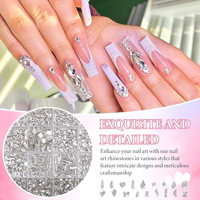 White Nail Art Rhinestones Kit, Multi Shapes Sizes Crystal Flatback Nail Gems Half Round Rhinestones for Nails, White Gems Crystals Rhinestone for Nails Art DIY Supplies Craft
