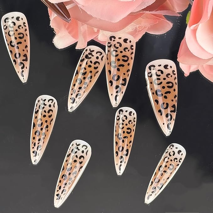 24 Pcs Stiletto Press on Nails Long Fake Nails with Leopard Print Designs Natural Reusable Brown Acrylic Nails Brown Leopard Print Artificial Nails Ombre Full Cover Stick on Nails for Women Manicure