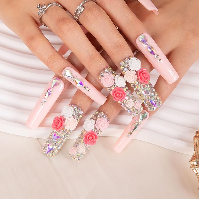 LOVFUL Press on Nails Rose Garden| Handmade with Full Covered Crystals| Reusable Fake Nails| Square Mid length 1.7in| H107-S