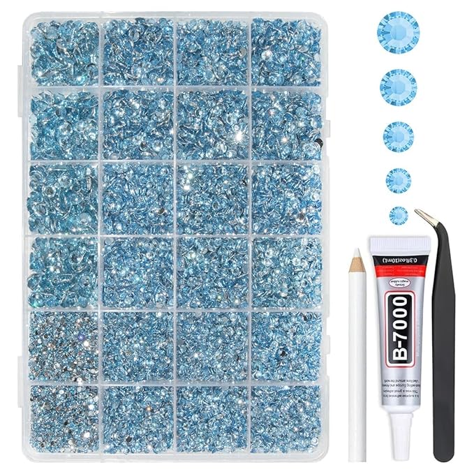 Light Blue Resin Rhinestones w B7000 Glue for Bedazzling Crafting 2mm-6mm Sky Blue Flatback Stones Diamonds Crystals Gems Bedazzler Kit for Nails Face Eyes Makeup Tumbler Bottles Crafts Shoes