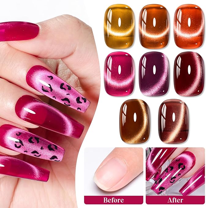 MEET ACROSS 9PCs Cat Eye Gel Nail Polish Set, Amber Brown Wine Burgundy Red Coral Caramel Jelly Cat Eye Gel Polish with Magnet, Fall Winter DIY Manicure Gifts