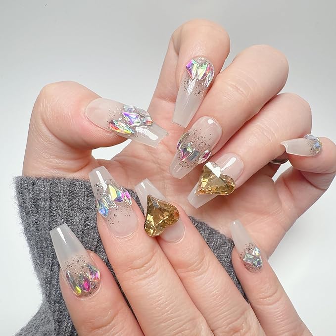 Acrylic Handmade Press On Nails long,3D White Gel Coquette Thick Strong Glue On Nails,Rhinestone Heart Designs Coffin Fake Nails Kit Reusable,10 Nails Size S,#457