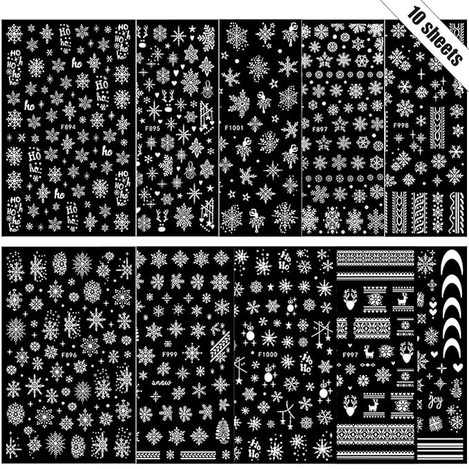 10 Sheets Christmas 3D Snowflake Nail Art Stickers - White Self-Adhesive Glitter Design Winter Decals for Xmas and New Year - DIY Acrylic Nail Supplies for Women and Girls