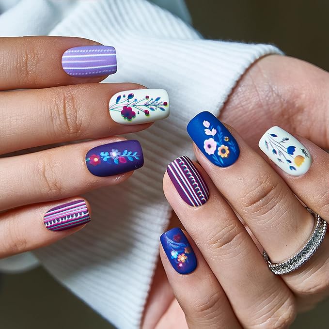 CurvLife Press On Nails Short Squoval, Reusable Soft Gel Fake Nails, Blue Purple Floral Pattern Glue On Nails with Adhesive Tabs, Salon Quality Natural Fit for Women Girls