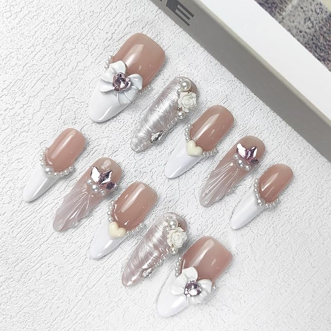 2025 Bridal Romance Pearl Bow White Sheer Reusable Handmade PMMA Acrylic Press on Nails w/Box Gifts for Women (Pure Vow, M)