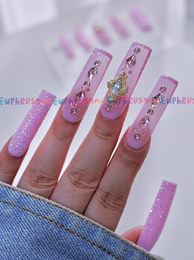 Euphrosyne Kawaii Press On Nails – Long Coffin Glitter Nails in Light Pink with Stars & Rhinestones | 10pcs Sparkly Fake Nails for Girls and Women, Princess Look for Daily or Party Wear