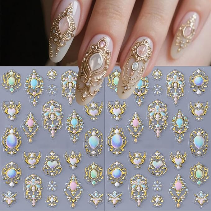 2 Sheets Luxurious Gold Nail Art Stickers Embossed Bohemian Style Nail Decals 5D Heart Flower Nail Stickers Self-Adhesive Mirror Bohemian Designs Nail Art Supplies for Women Manicure Accessories