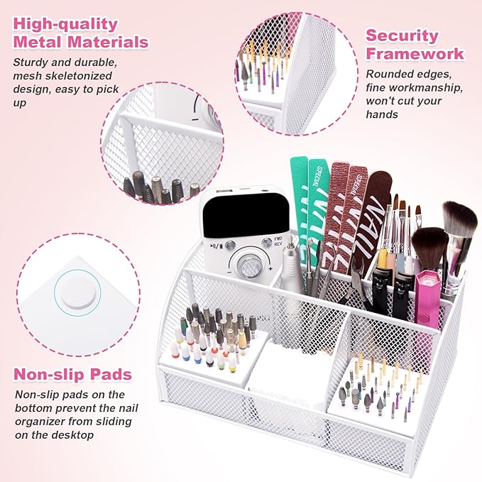 CGBE Nail Drill Bits Holder: 60 Holes Professional Drill Bit Holder for Nails - Mesh Metal Nail Tools Organizer Display Case - Nail Desk Organizer for Nail Tech - White (Not Included Nail Drill)