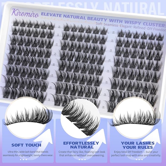 Kiromiro Wispy Lash Clusters Natural Cluster Eyelash Extensions 10-18mm DIY Cluster Lashes C Curl Individual Lashes 144pcs Eyelash Clusters Thin Band Eyelashes Clusters
