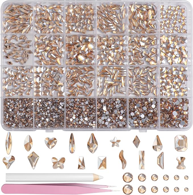Champagne Gold Nail Art Rhinestones Kit Multi Shapes Crystal Flatback Nail Gems Half Round Rhinestones for Nails, Gold Gems Crystals Glass Rhinestone for Nails Art DIY Supplies Craft