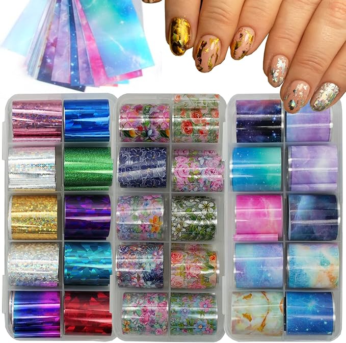 LoveOurHome 30 Sheet Nail Art Foil Transfer Stickers Decals Designer Flower Starry Sky Holographic Nail Foils Fingernail Tattoos Manicure Decor for Acrylic Nails DIY (Flower)
