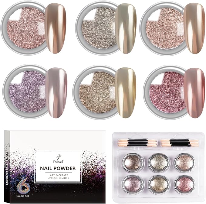 Nail Chrome Powder Metallic Mirror Pigment Rubbing Dust Glitter for Manicure Nail Art Decoration Bronze Rose Gold 6 Colors Kit 0.5g/Jar (TR 6Pcs Set-02)