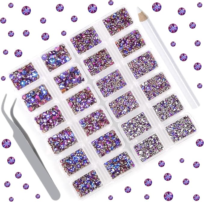 10000 Pieces Rhinestones 6 Sizes Round Crystal Glass Flat Back Rhinestones with 1Tweezers and 1Picking Pen for Nail Art Crafts Clothes Bags DIY (Purple Velvet)