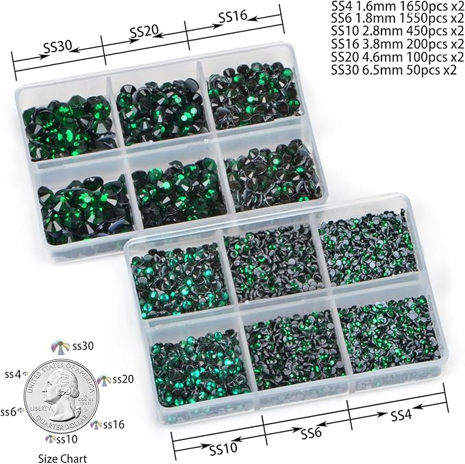 8000pcs Hotfix Rhinestones Flatback,Rhinestones for Crafts Clothes Mixed 6 Sizes, Hotfix Crystals with Wax Pencil Kit, SS4-SS30,Emerald