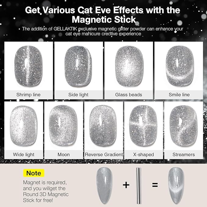 Silver Cat Eye Gel Nail Polish with Magnetic Stick - 12ML Glitter Magnetic Nail Polish for Multiple 3D Effects, Soak Off UV LED Gel Polish for DIY Manicure Salon Gifts for Women