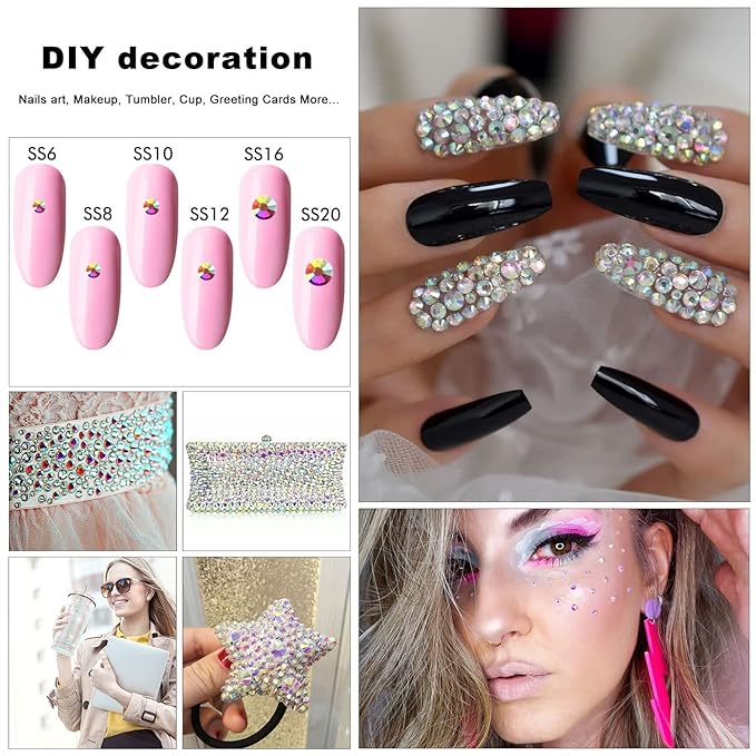 4240Pcs Transparent Ab Flatback Rhinestones 6 Sizes Crystal Diamonds for Nail Art Crafts Clothes Shoes with Tweezers and Picking Pen