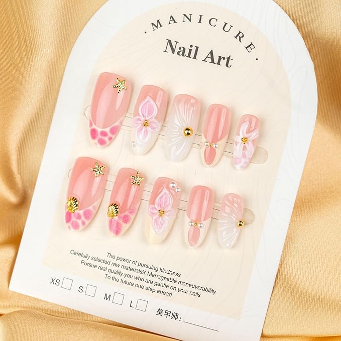 Press on Nails Medium Almond Fake Nails 3D Artificial Nail Spring Pink Stick on Nail for Women 30pcs