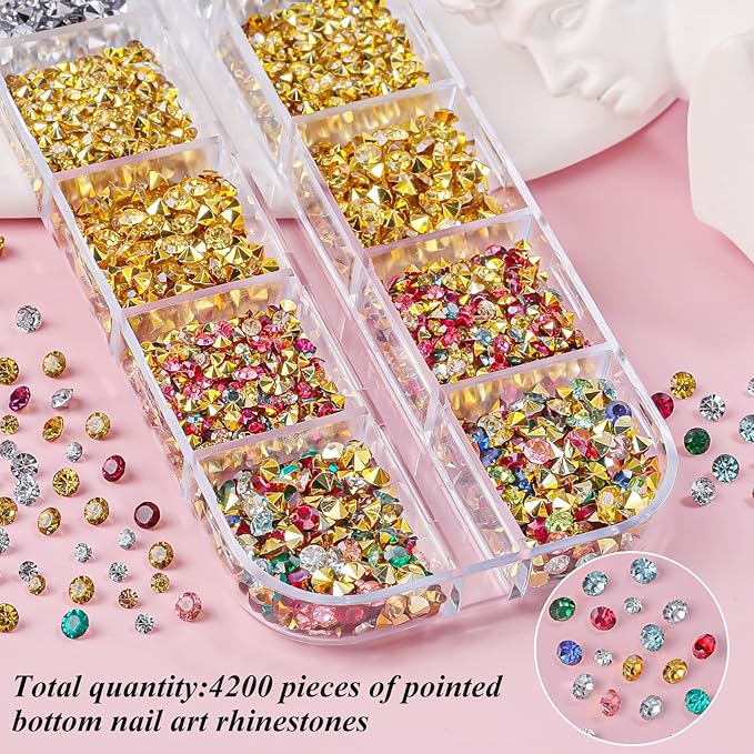 4200 Pcs Nail Art Rhinestones Kit,2-3mm Shiny Gold/Silver/Mixed Colors Rhinestones,3D Pointed Bottom Nail Gems with Tweezers and Dual-end Brush for Manicure DIY Crafts Face Makeup(26-K1-pointed-GS)