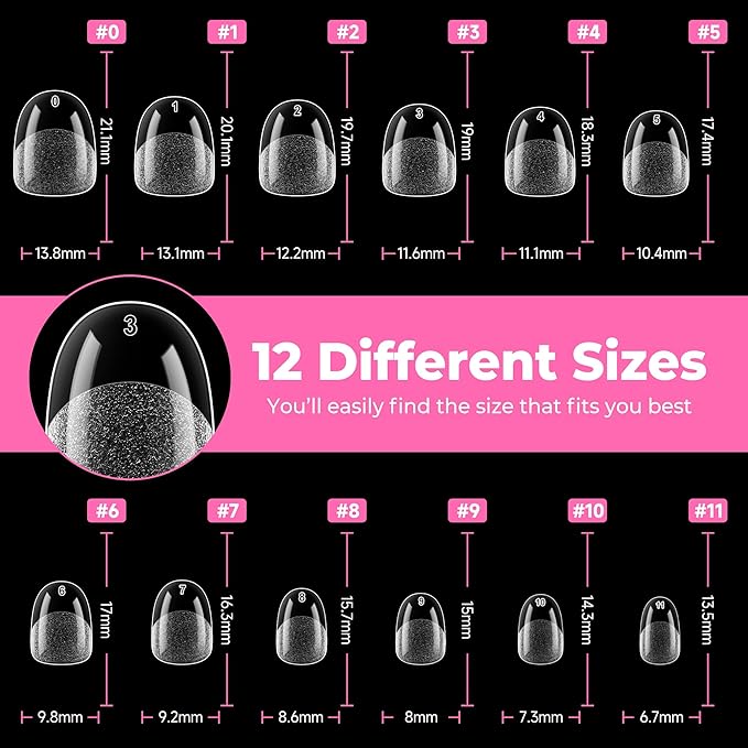 UNA GELLA Extra Short Oval Nail Tips, Pre-Etched Round Clear Fake Nails 216pcs Soft Gel Acrylic Nail Tips Full Cover False Ultra Short Gel Nail Tip for Beginners Nail Salon Extensions 12 Sizes