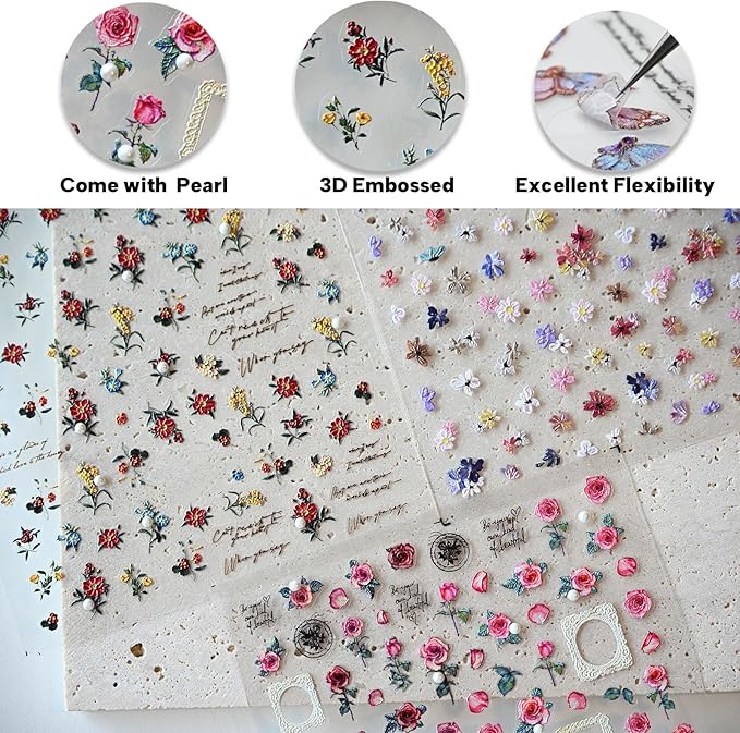 Rose Flower Nail Art Stickers Pearl Rhinestones Embossed Vintage Nail Decals for Nail Art Design Self-Adhesive Nail Accessories for Women Nail Art Supplies 3 Sheets