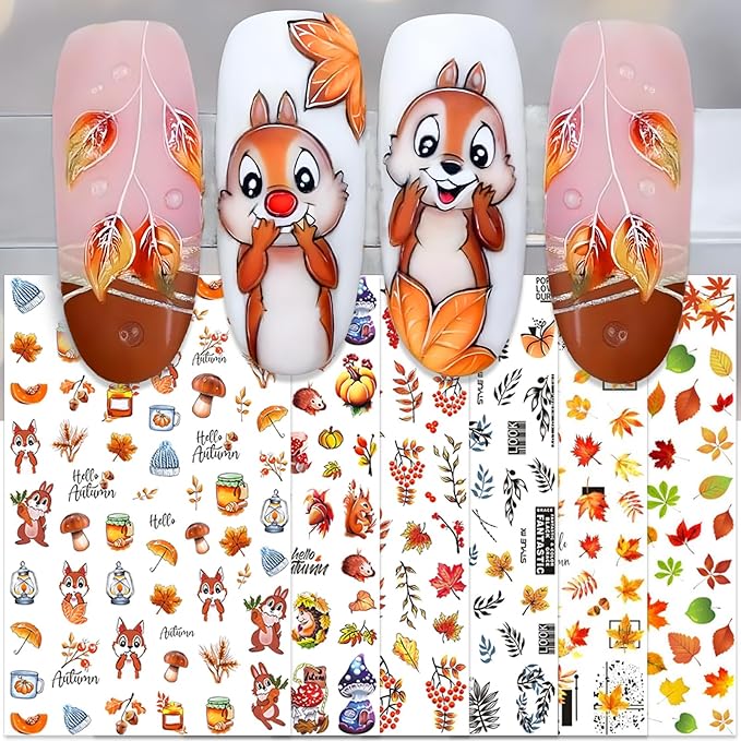 Fall Nail Stickers - Autumn Squirrel Pumpkin Leaves Self-Adhesive 3D Nail Decals for Women Girls DIY Thanksgiving Day Maple Manicure (6 Sheets)