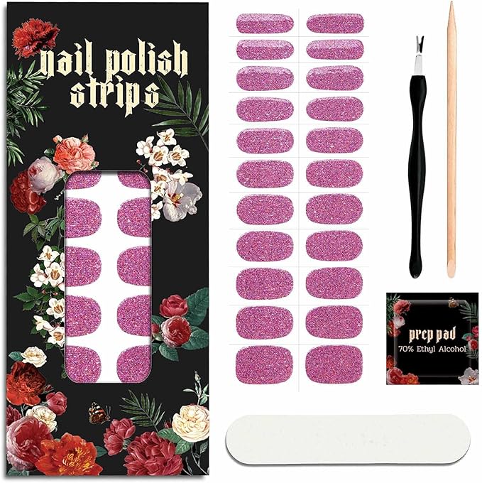 Nail Polish Strips (No UV Lamp Needed) - 22 Pcs Salon Quality Gel Nail Stickers - Long Lasting Wraps (Cherry ICY)