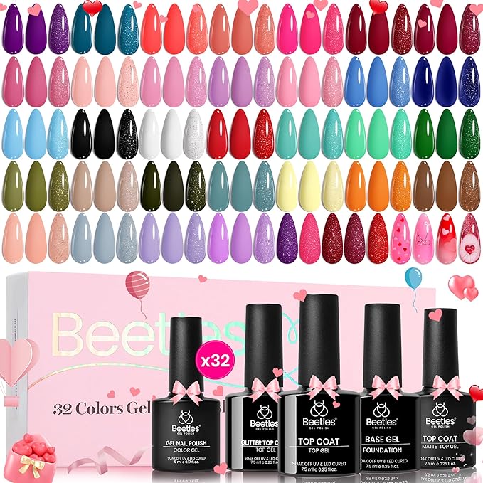 beetles Spring Gel Polish Set - Fingertip Palette, 32 Colors Valentines Polish Set with Base Top Coat Pink Red Blue Purple Brown Yellow Green Black White Uv LED Lamp Nails Gifts for Women