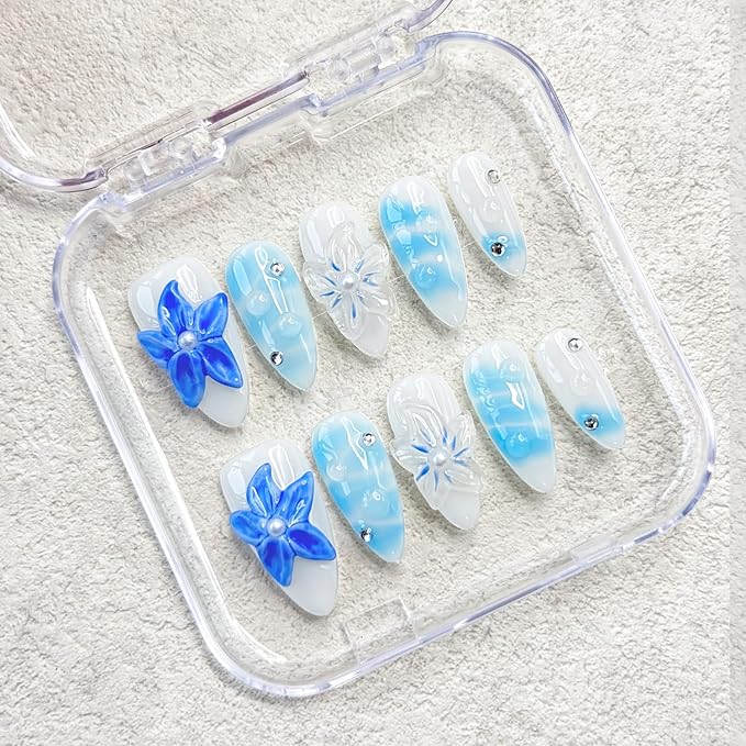 Medium Almond Press on Nails Handmade Nail Thick Fake Nails with Glue,Milky White False Nails with 3D Blue Flower Art Design Rhinestone Nature Acrylic Nails for Wome (Size M)