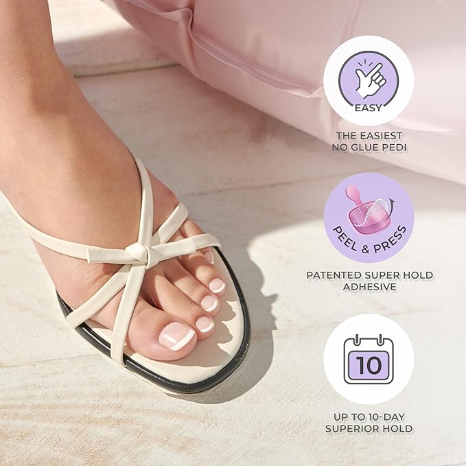 KISS imPRESS Pedicure Press On Toenails, 'Angel Vibes', White, Short Squoval, Pedicure Nail Kit Includes 24 Press On Toenails, Prep Pad, Mini Nail File, & Pedicure Stick