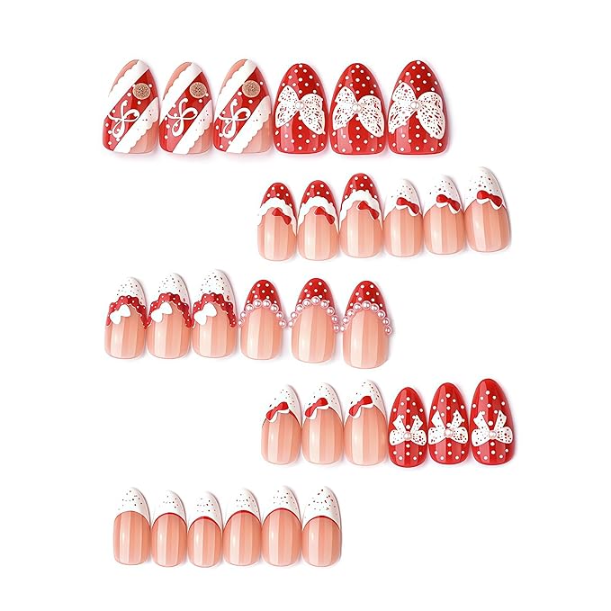 30Pcs Valentines Day Press on Nails Medium Almond Fake Nails with Pearl Lace Bow Design Glossy Polka Dots Red French Tips Glue on Nails Lace Butterfly Full Cover Stick on Nails Acrylic Nails for Women