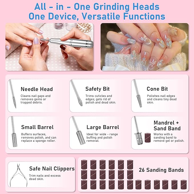 Portable Electric Nail Drill Professional 45000 RPM, Rechargeable Electric Nail File Machine Kit for Acrylic Gel Nails Polishing Removing, Quiet E-File with Bits for Manicure Salon Home