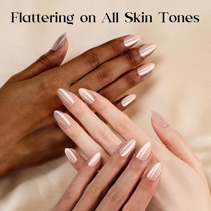 Beetles Motion Glow Cat Eye Press On, Short Almond Press On Nails Kit, 32pcs 16 Sizes, Girls Stick On Nails with Adhesive Tabs & Fast-Dry Nail Glue, Salon-Ready Gift for Women Honey Glow