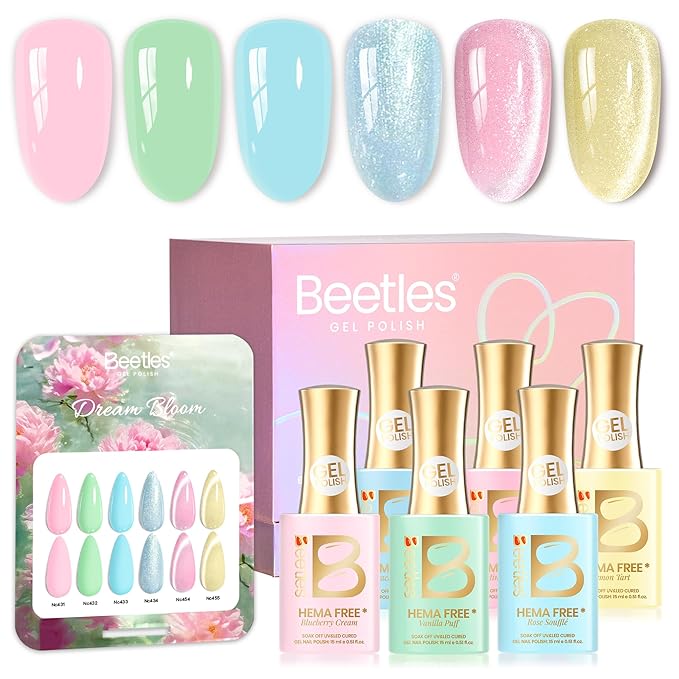 Beetles Hema Free Gel Polish Set, 15 ML 6 Colors Pastel Cat Eye Pink Green Blue Glitter Gel Nail Polish Kit Soak Off UV Nail Art DIY at Home Salon Spring Summer Easter Gift for Women