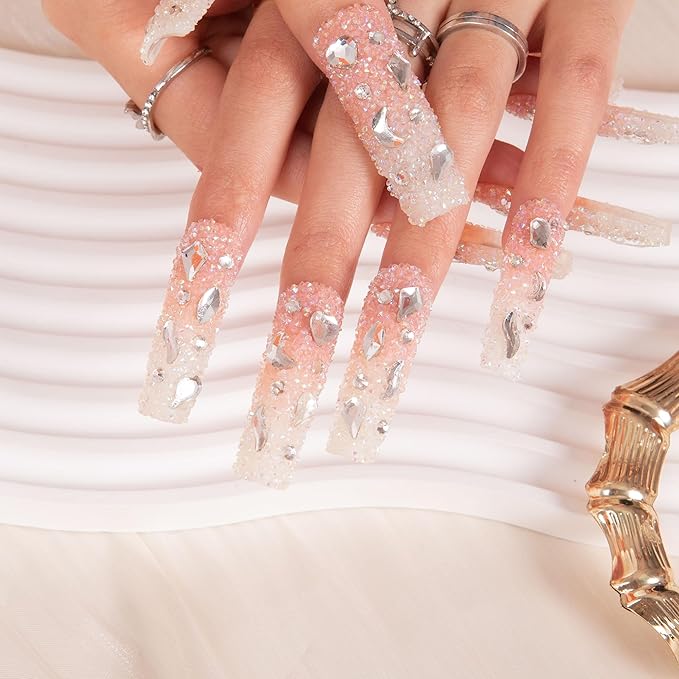 LOVFUL Press on Nails Berry Shake| Handmade with Full Covered Crystals| Reusable Fake Nails| Square Mid length 1.7in| H56-L