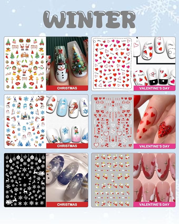 24 Sheets Seasonal Nail Art Stickers, Four Season Variety Pack All Holiday Nail Decals, Self-Adhesive Varied Design for Flowers Butterflies Halloween Christmas Spring Summer Fall Decoration
