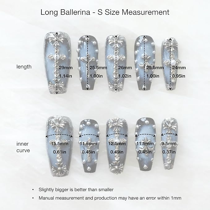 Gothic Press-On Nails, Long Ballerina Shape, Blue with Chrome and Pearl Accents, Handmade False Nail 10 Pieces (Small, LS)