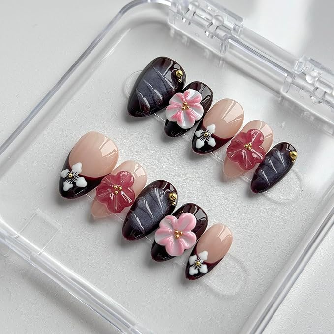 Luxury Press on Nails Short Almond Handmade 3D Unique Reusable ABS Material Fake Nails French Tip Purple False Nails with Designs Water Ripple Flower Glossy Glue on Nail Thick Acrylic Nail(M)