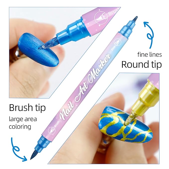 Metallic Nail Art Pens Set, 10 Colors Double-Ended Nail Design Markers with Fine & Brush Tip, Quick-Dry Water-Based Paint for DIY Manicure, Salon & Home Nail Art Decoration