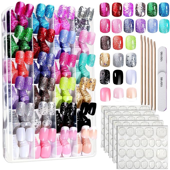 FANDAMEI Press on Nails, 24 Colors 576PCS Short Press on Nails Kit. Glossy Glitter Glue on Nails with Tabs. Fake Nails for Women, Girls, Kids, Teens. Natural Fit Lightweight for Christmas