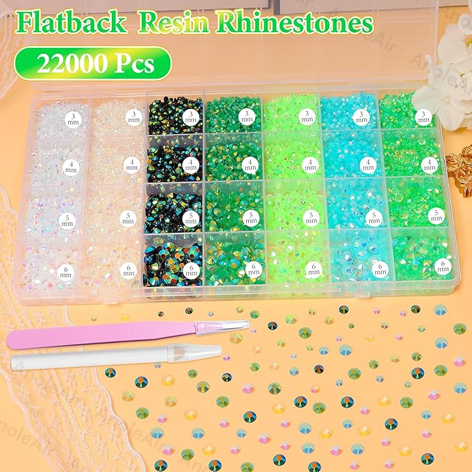 22000Pcs Green Rhinestones for Bedazzling, Jelly Bedazzling Resin Gems 3-5mm, Blue White Gems Bedazzling Kit for Crafting, Flatback Color Light Green Blue AB Gems for Nails Face Makeup Tumblers