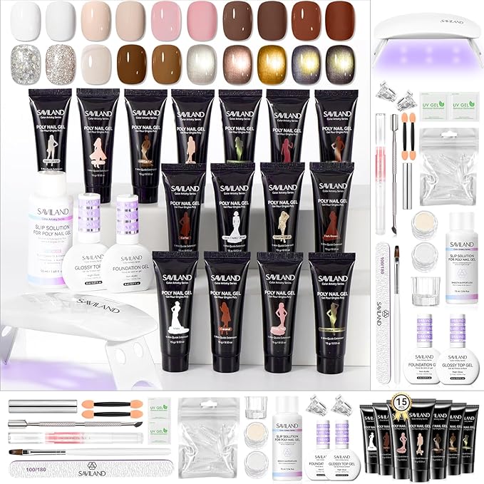 SAVILAND Hema-Free Poly Extension Gel Nail Kit: 15 Colors Poly Gel Nail Kit for 4 Weeks Lasting, White Jelly Nude Brown Glitter Cat Eye with Slip Solution U V Lamp for Nail Art Home Salon Daily DIY