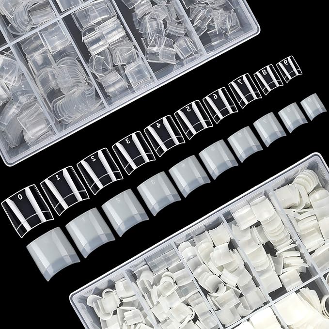 FEBSNOW 1000PCS Acrylic Nails 10 Sizes Artificial Half Cover False Flake Tips for Nail Salon, Shop, DIY Art - Ballerina Short French Nail Tips